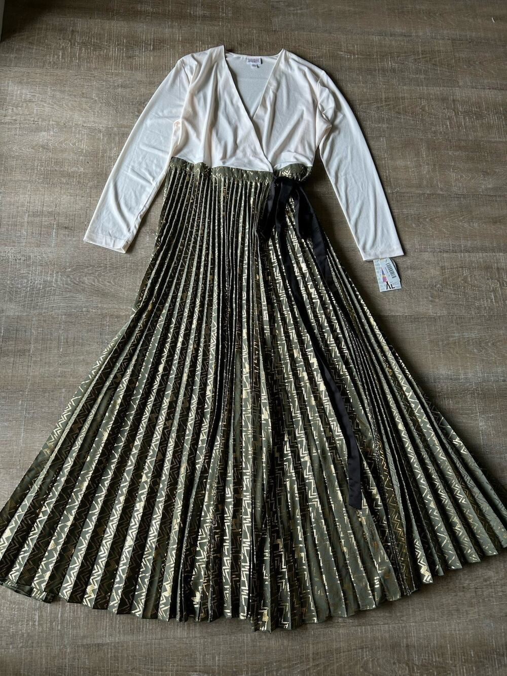 LuLaRoe DeAnne XL NWT Elegant Wrap Maxi Dress Green Gold Metallic Pleated